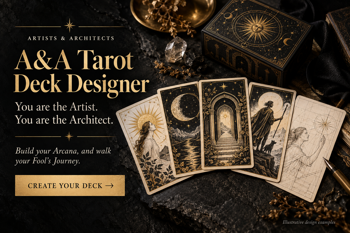 A&A Tarot Deck Designer — create your custom 78-card deck. Cards shown are illustrative design examples.