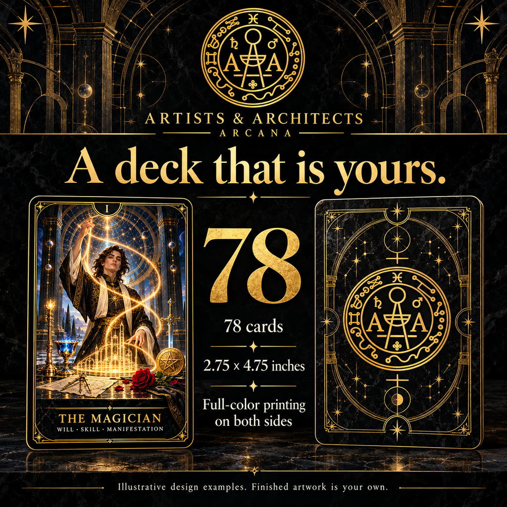 A&A custom tarot deck: 78 cards, 2.75 × 4.75 inches, full-color printing on both sides. Artwork shown is illustrative.