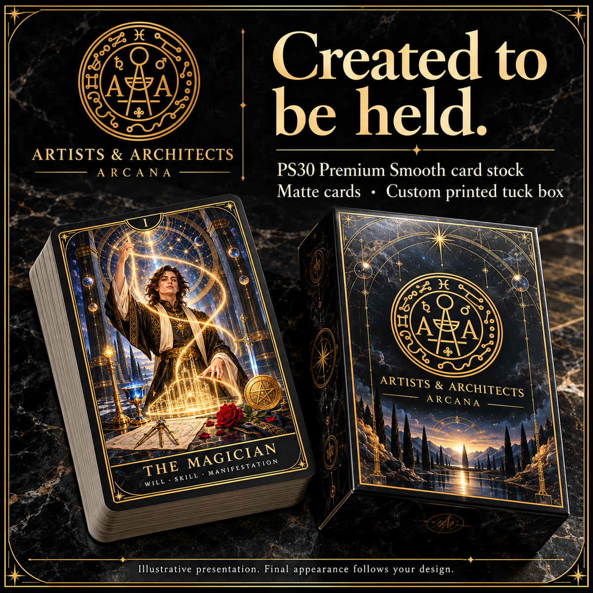 Illustrative A&A custom deck and printed tuck-box presentation. PS30 Premium Smooth card stock and matte cards. Final appearance follows your design.
